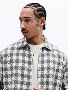 SUMWON Men's Long Sleeve Crop Fit Houndstooth Overshirt Button Front Collared Classic Pattern Statement Piece Casual Formal Outerwear Fall Winter - Light Grey - View 4