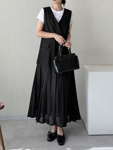 FRIFUL Women's Summer/Spring Solid Color Pleated Flared Loose Casual Dress Sundress - Black - View 3