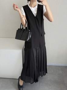 FRIFUL Women's Summer/Spring Solid Color Pleated Flared Loose Casual Dress Sundress - Black - View 6