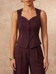 Lumalex Bộ đồ nữ mùa xuân/hè, tiệc tùng, tiệc chiêu đãi, trang phục sang trọng, lấp lánh, tiệc lễ hội, dã ngoại, kỳ nghỉ, ngoài trời, tiệc cưới, lễ trưởng thành, màu đỏ tía sọc, cổ đứng, khoét eo, khuy kim loại, ống quần thẳng, kèm áo vest không tay, sang trọng, dự tiệc prom, Giáng sinh, Năm mới, quần áo ấm áp mùa thu và đông cho nữ. - Màu Đỏ Sâu - Xem 14