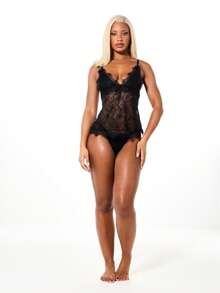 SUMWON WOMEN Intimate Lace Mesh Brief With Thong Style And Delicate Eyelash Lace Trim For Special Occasions - Black - View 3