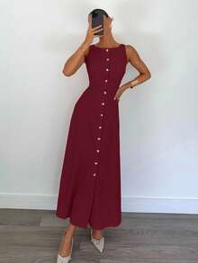 Siren Gaze Vestido elegante de verano para mujer de unicolor, cuello redondo, sin mangas y con botones delanteros - Burdeos - Ver 5
