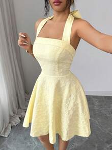 Elenzga 新款露背系带蝴蝶结提花面料年轻优雅可爱女士短裙 - 黃色 - 查看 7
