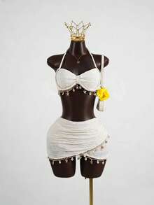 SaltGleam 女士提花露脐吊带上衣和紧身迷你裙两件套，浪漫海岛度假 - 杏色 - 查看 1