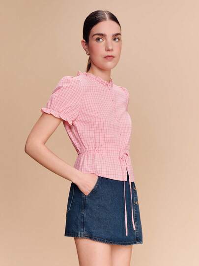 lacRébo Sage Green Checkered Top With Broderie Anglaise Details And A Tie-Front WaistSpring Summer