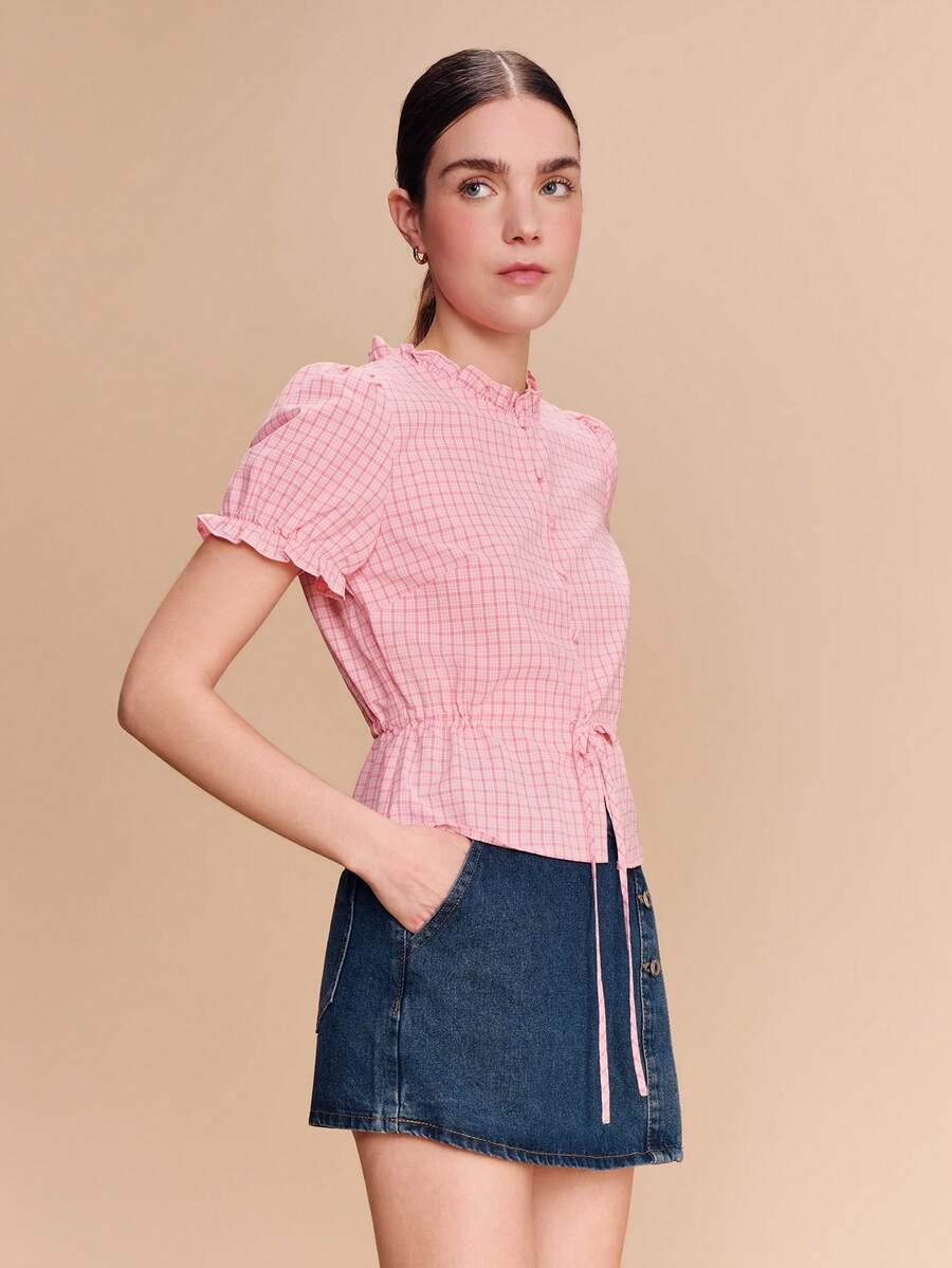 lacRébo 鼠尾草绿格纹上衣，饰有刺绣花纹，腰部正面系带 - 粉色 - 查看 1