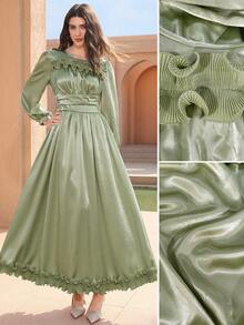 Graceveil 纯色优雅荷叶边褶裥腰身长袖喇叭下摆女式连衣裙 - 綠色 - 查看 10