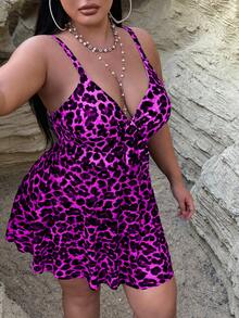 SHEIN Swim Curve 2026新款夏季海滩度假风玫红色豹纹性感优雅大码泳衣，大码连体/分体泳衣，蝴蝶结系带修身度假泳装 - 玫紅色 - 查看 6