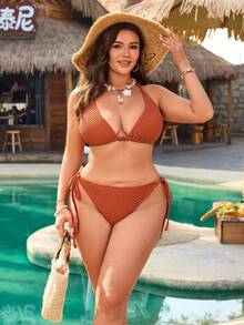 Swim Vcay New Textured Comfortable Elegant Sexy Plus Size Bikini Top For Beach Vacation - Brown - View 1