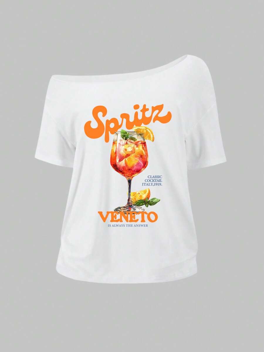 Sweetra Áo thun nữ dáng rộng, vai lệch, họa tiết cocktail, trái cây, cam, phong cách Y2K, màu trắng. - trắng - Xem 1