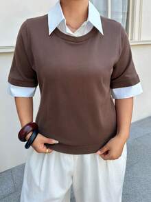 Dazy Plus Plus Size Solid Color Minimalist Short Sleeve Knit Top, Everyday Wear Summer - Brown - View 4