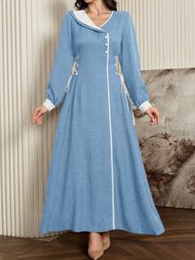 Modelyn Elegant Long Sleeve Dress With Contrast Color Trim And Drawstring Waist - Blue - View 4