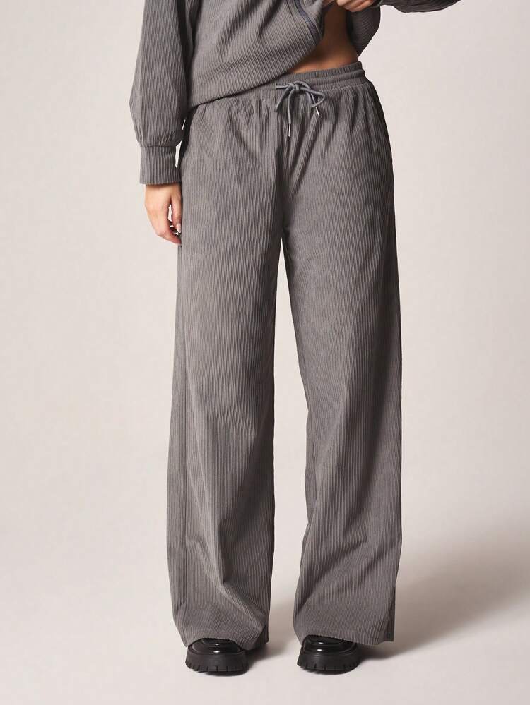 MISSGUIDED Women Ribbed Corduroy Wide Leg Jogger Sweatpants With Drawstring Waist Casual Comfort Lounge Pants Fall Winter Fashion