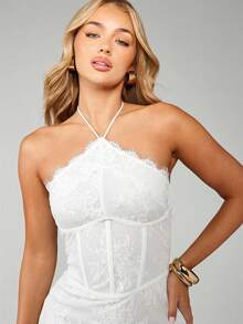 MISSGUIDED Lace Halter Mini Dress With Scalloped Edges And Corset Style Bodice For Special Events And Night Out - White - View 5