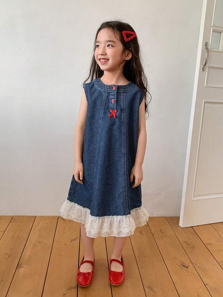 Young Girls Round Neck Bow Decor Denim Dress