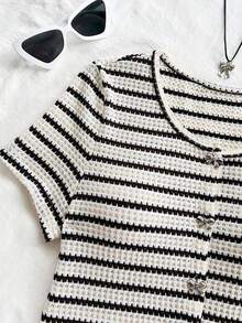 少女圆领短袖条纹前开襟休闲T恤，夏季 - 黑與白 - 查看 3