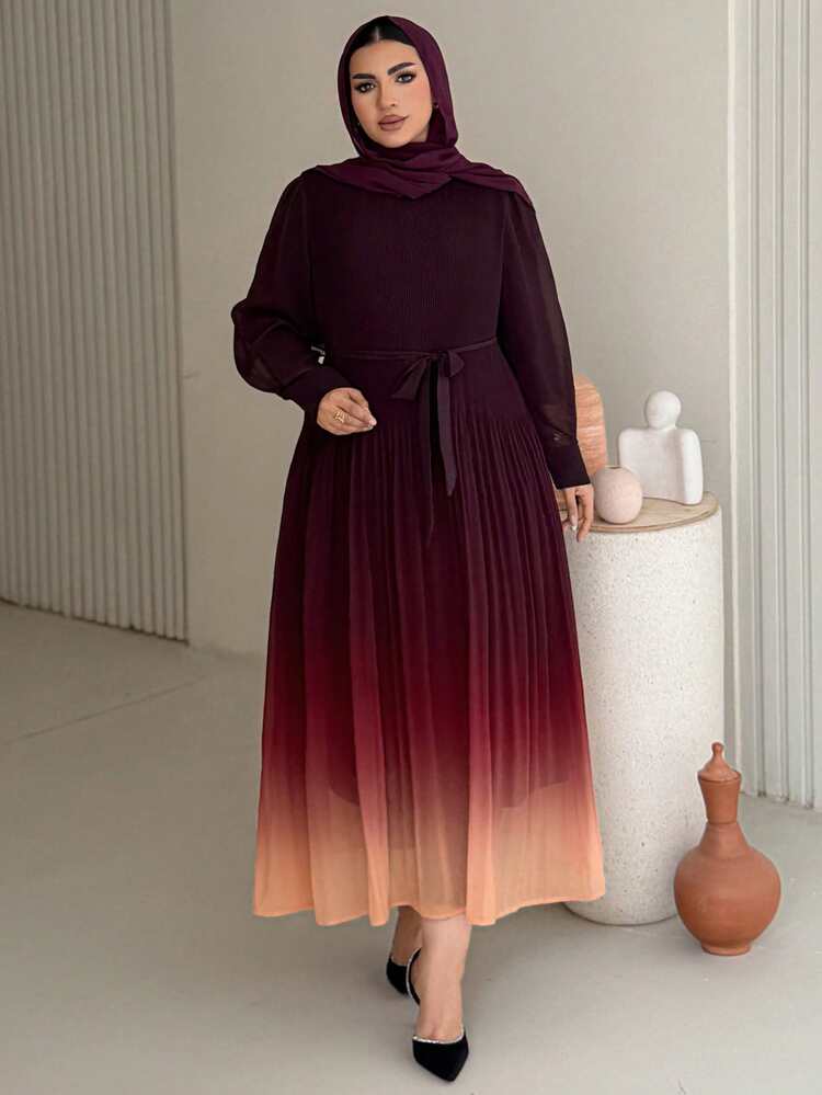 Dazy Plus Elegant Pleated Gradient Color Waist Cinched Dress With Round Neck, Long Sleeve, Plus Size Summer Sun Dresses For Women