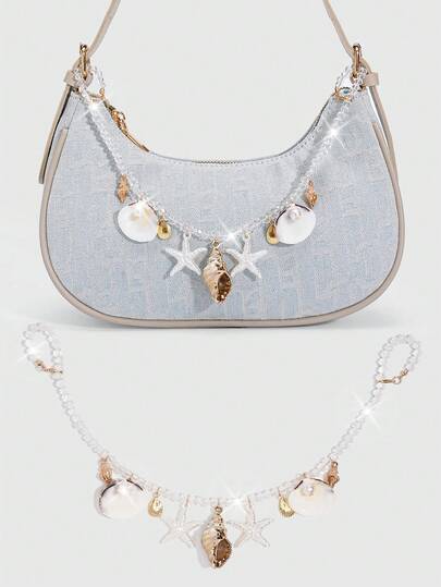 ROMWE Fairycore 1Pc Seashell Ornament For A Holiday-Style Starfish Shell Chain Bag, Marine Tail Conch Beach Keychain, Suitable For Matching With A Small Square Bag When Out On Vacation.