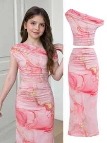 SHEIN Girls Asymmetric Shoulder Print Short Sleeve T-Shirt And Midi Skirt 2 Pieces Elegant Vacation Set - Pink - View 12