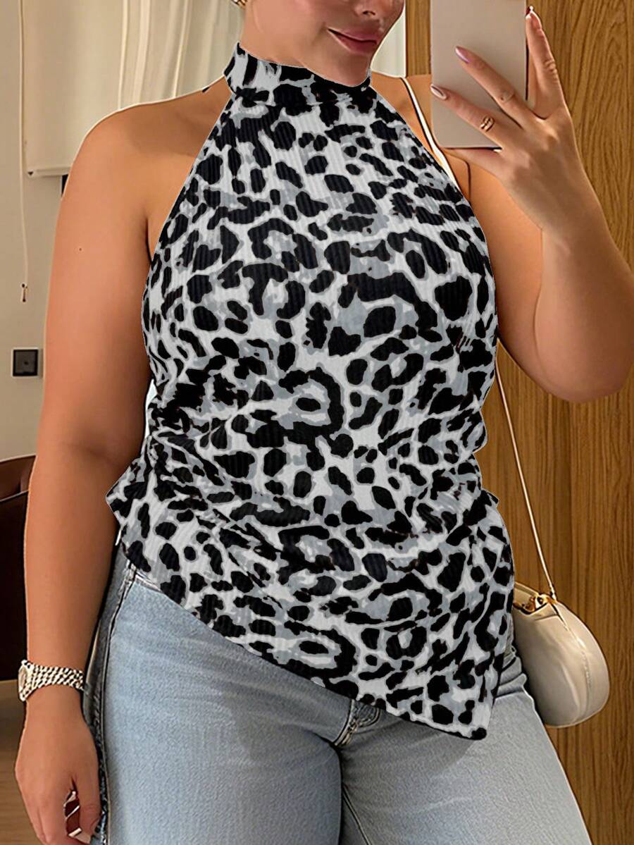 Vionelle Camiseta sin mangas de talla grande con estampado de leopardo elegante para mujer - Blanco - Ver 1