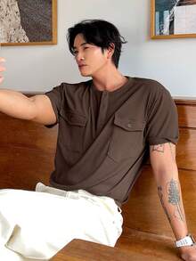 DAZY Men's Short Sleeve Pocket Design Half-Placket Crew Neck Brown T-Shirt, Summer - Brown - View 2