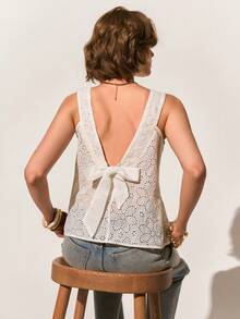 Poéselle 女士休闲度假风纯色露背蝴蝶结装饰无袖宽松上衣，夏季 - 白色 - 查看 2