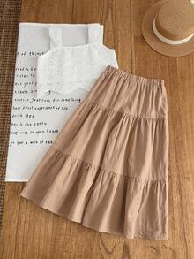 Emery Rose Kids Emery Rose Kids 2件套少女纯色梭织方领荷叶边休闲吊带背心和长裤套装 - 白色 - 查看 2
