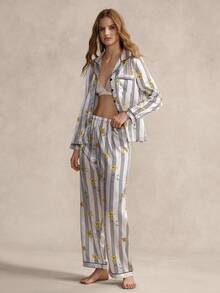 EverLounge Standard Size Women's British Style Printed Open Front Long Sleeve Pajama Set - White - View 3