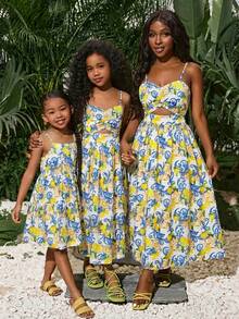 Tween Girls' Summer Fruit Print Camisole Jumpsuit, Fashion Beach Vacation Dress For Spring/Summer - Blue - View 1