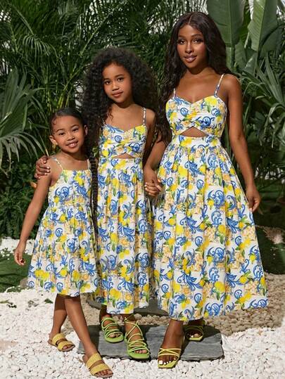 Tween Girls' Summer Fruit Print Camisole Jumpsuit, Fashion Beach Vacation Dress For Spring/Summer