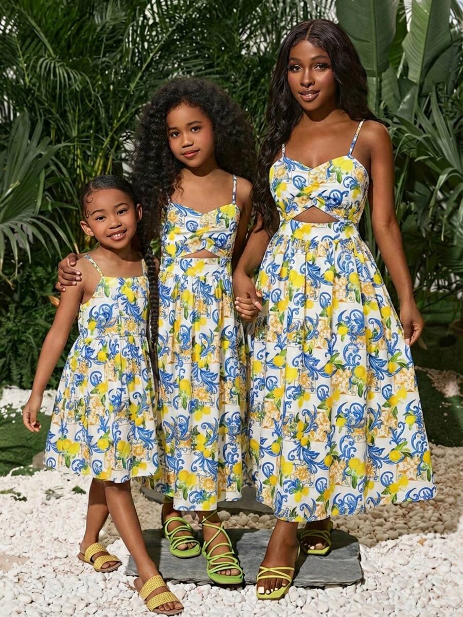 Tween Girls' Summer Fruit Print Camisole Jumpsuit, Fashion Beach Vacation Dress For Spring/Summer - Blue - View 1