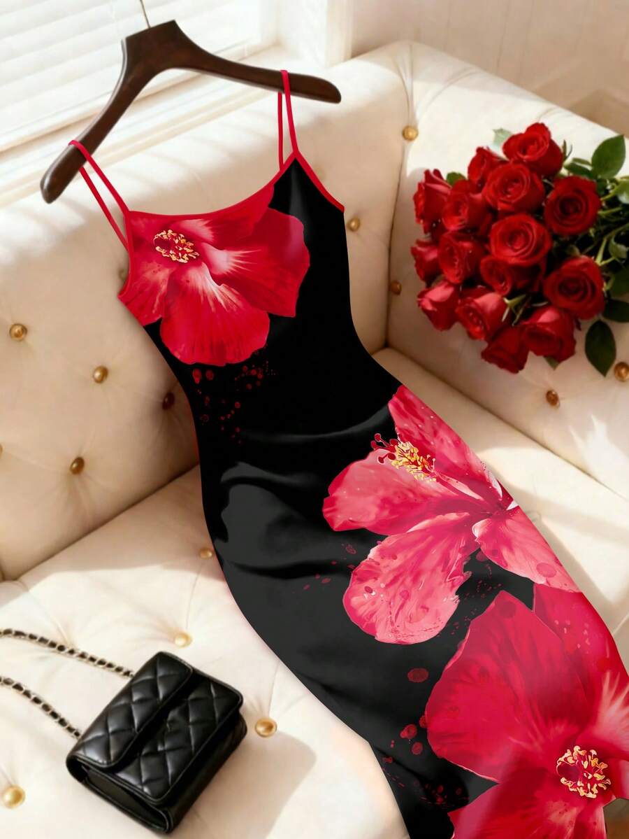 Resyla Women's Vacation Hibiscus Flowers Print High Stretch Knit Strap Ultra Long Slim Bodycon Maxi Long Cami Dress - Multicolor - View 1