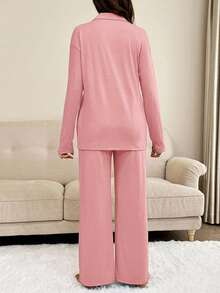 Slowluna 2pcs Maternity Solid Color Drop Shoulder Long Sleeve Casual Comfortable Breathable Set - Baby Pink - View 2