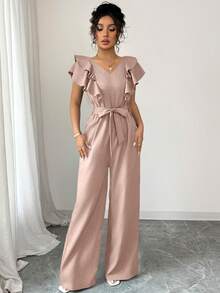 Elenzga 女士休闲优雅V领荷叶袖连体裤，适合春、夏、秋季穿着 - 粉色 - 查看 5