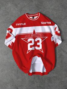 Aesthetic Post 加州23星图案运动圆领T恤，复古街头风经典红色圆领休闲运动T恤（男士款） - 彩色 - 查看 1