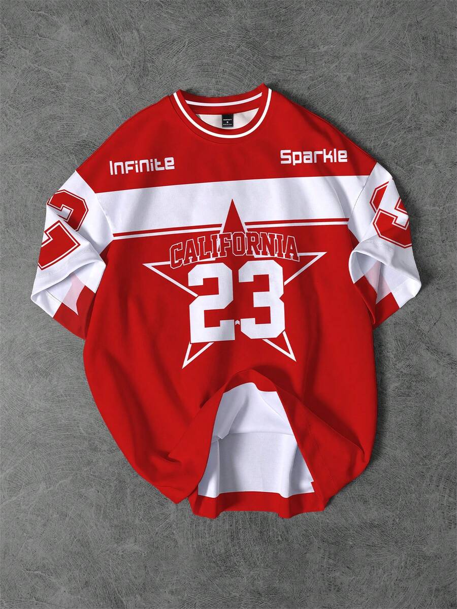 Aesthetic Post 加州23星图案运动圆领T恤，复古街头风经典红色圆领休闲运动T恤（男士款） - 彩色 - 查看 1