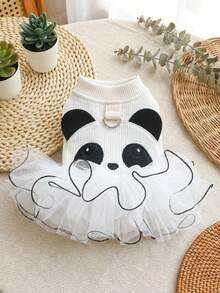 PETSIN 1件宠物服装，刺绣可爱熊猫卡通图案蓬蓬裙，猫狗通用公主风连衣裙 - 黑與白 - 查看 1