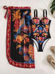 Swim Oasis 1pc Women All-Over Print Camisole One-Piece Swimsuit With Mesh Skirt Set - Multicolor - View 6