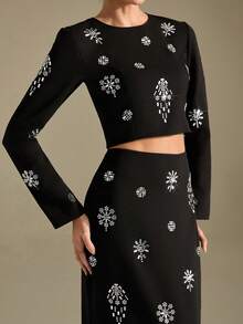 CLARA VERO Women's Rhinestone Embellished Crew Neck Long Sleeve Waist Cinched Long Skirt 2 Pieces Set - Black - View 1