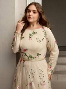 ZEYLAH Plus Size Women's Romantic Date Night Long Sleeve Embroidered Dress - Apricot - View 6