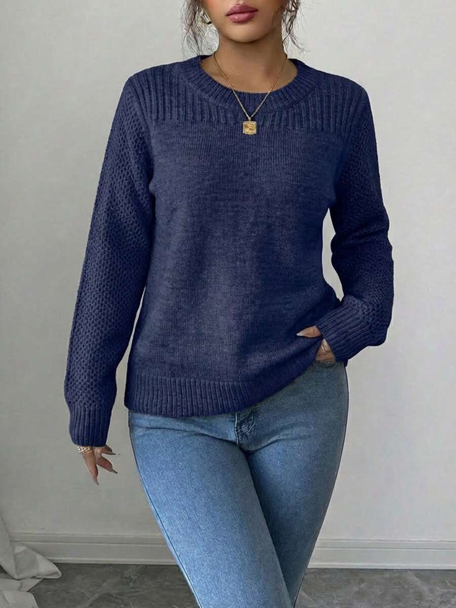 EURMUSE Áo len trơn màu đơn giản, thoải mái khi đi làm hàng ngày dành cho nữ, Thu/Đông - Màu xanh hải quân - Xem 1