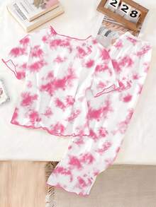 Genkimix Kids Bộ đồ ngủ cho bé gái tuổi teen, kiểu dáng tối giản, họa tiết nơ thắt, tay ngắn và quần dài phối màu tương phản, thích hợp mặc ở nhà. - Màu be - Xem 2
