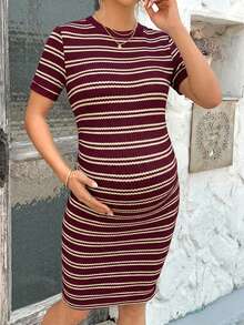 SHEIN Maternity Striped Round Neck Short Sleeve Fitted Casual Dress - Burgundy - View 4