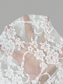 SHEIN BAE 秋冬女士蕾丝性感深V领透视镂空荷叶边长袖上衣，适合圣诞节、万圣节、亡灵节等场合，酒红色蕾丝衬衫，秋冬叠穿女式上衣 - 白色 - 查看 7