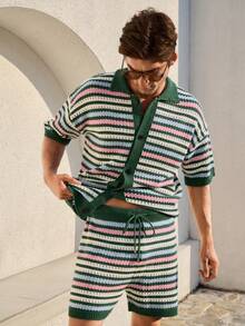 Manfinity RSRT Conjunto de camisa de punto de hombros caídos y pantalones cortos casuales de vacaciones para hombres, conjunto de ropa de piscina, conjunto de ropa de playa para hombres, conjunto de dos piezas de punto, conjunto de ropa de resort para hombres, conjunto de dos piezas de ganchillo para hombres - Verde - Ver 5