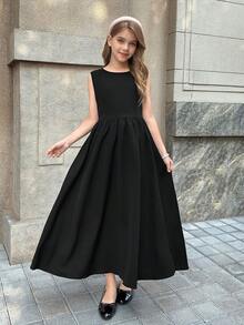 Đầm bé gái tuổi teen cổ tròn, kiểu dáng tối giản, eo xếp ly, chân váy xòe nhẹ với nơ trang trí phía sau, thích hợp cho kỳ nghỉ. - màu đen - Xem 3