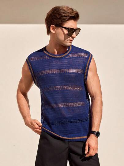 Manfinity CityGents Men's Summer Vacation Casual Sleeveless Knit Tank Top,Comfortable Breathable Lightweight Knit Top For Casual Wear, Suitable For Vacation And Valentine's Day Men Crochet Top Blue Sleeveless Top Men Royal Blue Vest Men Men Mesh Top Men Sheer Top Men Summer Top