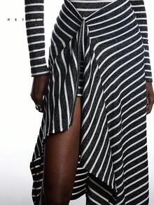 LYSMO Petite 2026 New Arrive Minimalism Spring/Summer Women's Balck And White Stripe Fashion Asymmetrical Hem Long Dress Spring Outfit Women Business Casual Office Outfits Going Out Dress - Grey - View 8