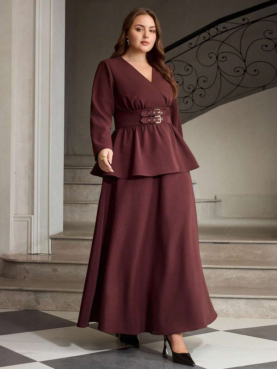 ZEYLAH Elegant X-Shaped V-Neck Top And Flared Midi Skirt 2 Pieces Set - Burgundy - View 1