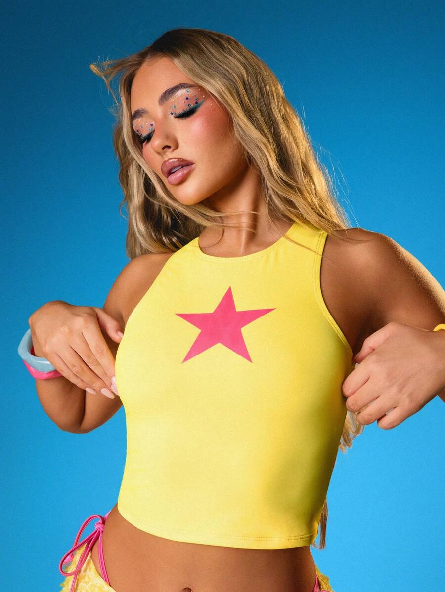 MISSGUIDED Star Print Halter Neck Tankini Top Summer Beach Swimwear Vacation Pool Fashion Swim Top - Yellow - View 1